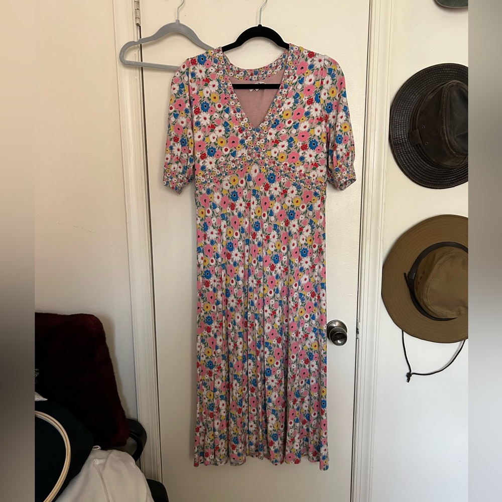 Boden Eva Pink Floral/Milkshake Midi Tea Dress Jersey 12R - Picture 2 of 6